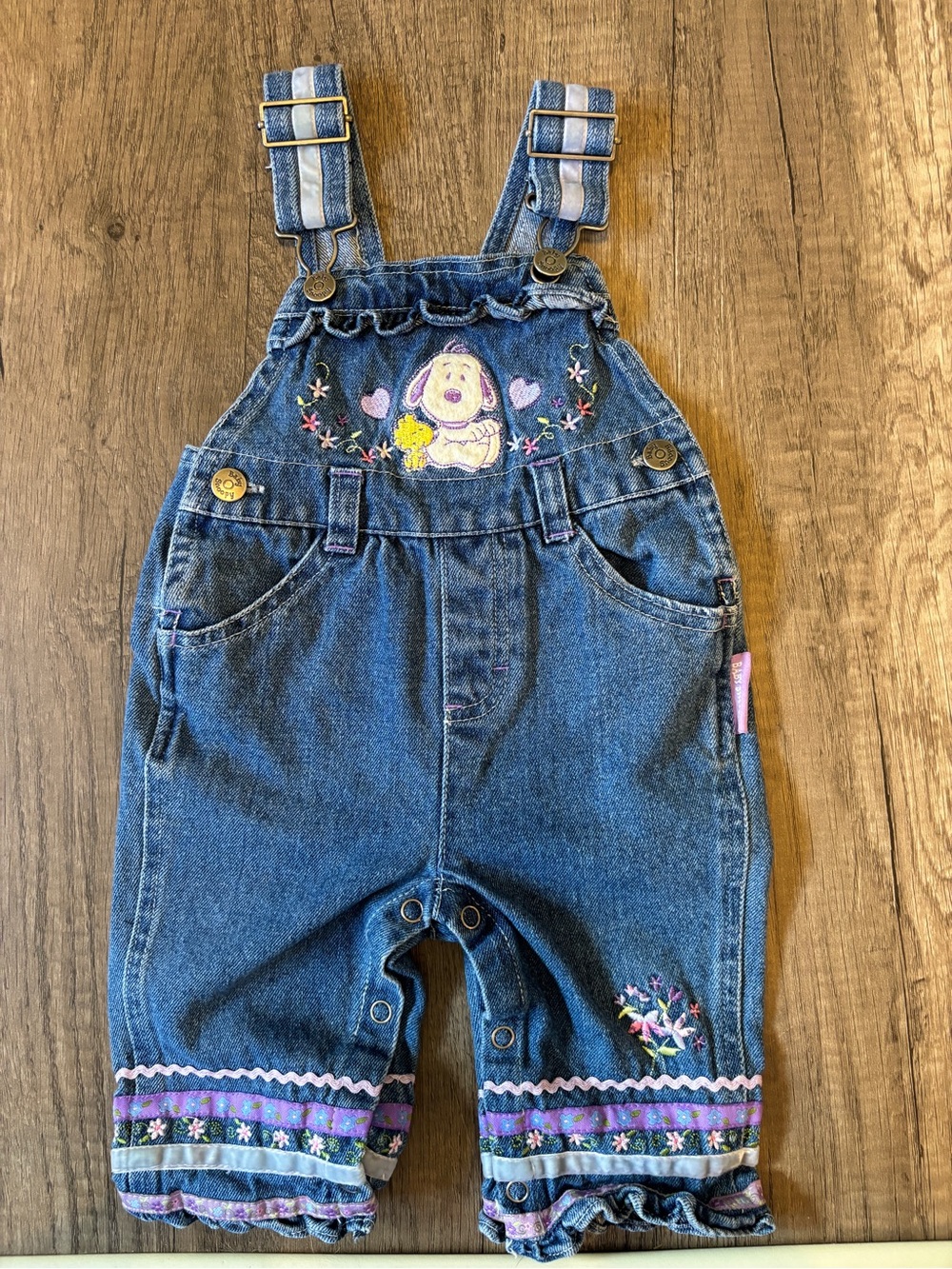Vintage 2000s Y2K Baby Snoopy Overalls Purple Woodstock Girly Hearts Rare 6-9M